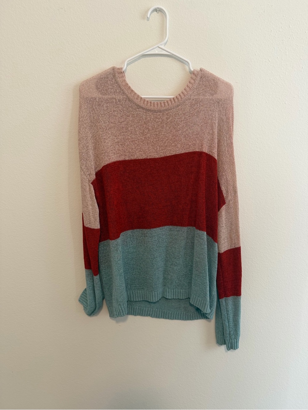 Striped Colorblock Crewneck Sweater - Rose, Red & Teal